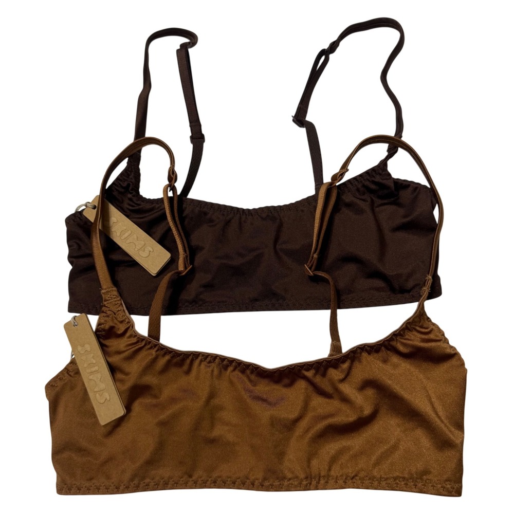 SKIMS Stretch Satin Scoop Neck Bralette Lot of 2 Bronze Cocoa XXS